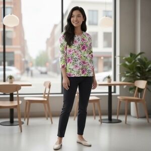 Harolds Cardigan Small Silk Bld Floral Button Up Cream Pink Embellished Vintage